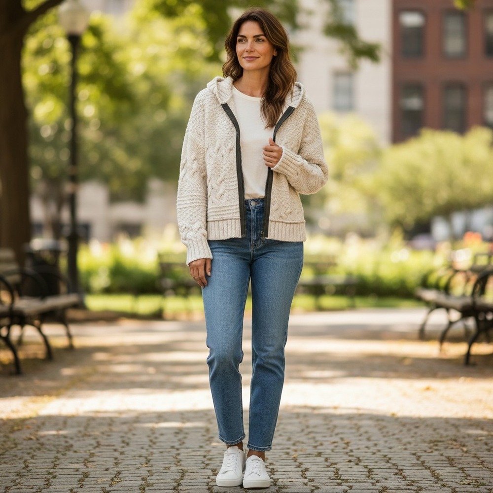 Free People Cream Cable Knit Full Zip Hooded Cardigan Sweater Ivory Boho